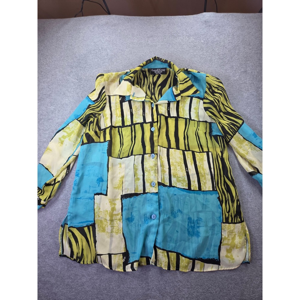 VTG Russell Kemp Woman Abstract Art Geo Animal Print Button Down Blouse Sz 12